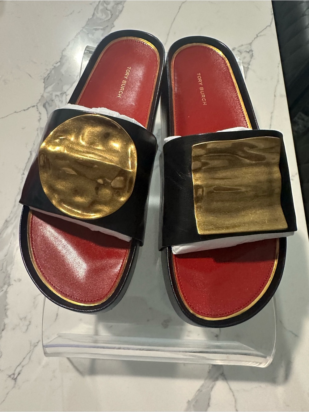 Tory Burch Black Slide Sandals with Gold Plaques and Red Insoles Size 10.5